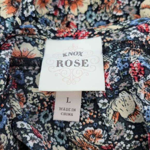 Knox Rose Womens Blouse Large Floral Peasant Long Sleeve Back Tassel Tie Neck - Picture 2 of 15